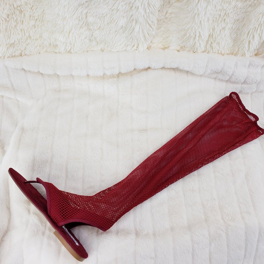 Wine Fish Net Thigh High Thong Flat Sandal Boots_3